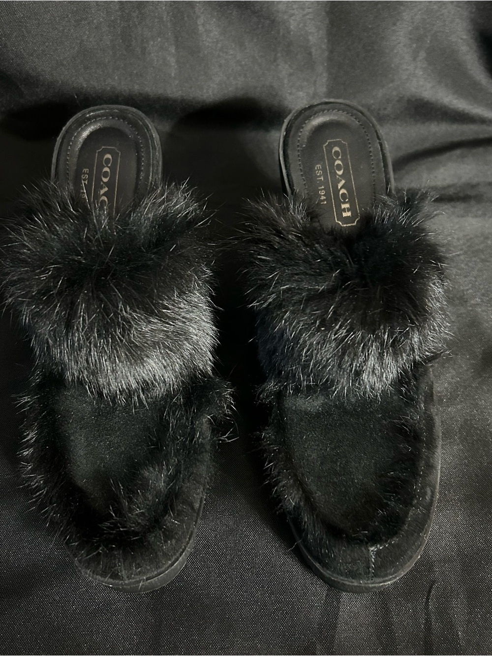 Coach Women’s Vintage Kaela Black Genuine Rabbit Fur Suede Platform Slides 7.5 - Picture 7 of 12